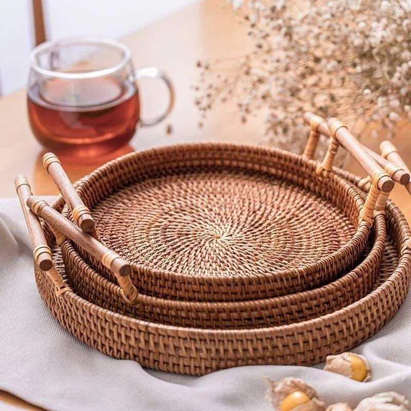 Bandeja Decorativa Redonda de Vime em Rattan Feita a Mão - Loja Sem Barreiras