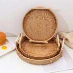 Bandeja Decorativa Redonda de Vime em Rattan Feita a Mão - Loja Sem Barreiras