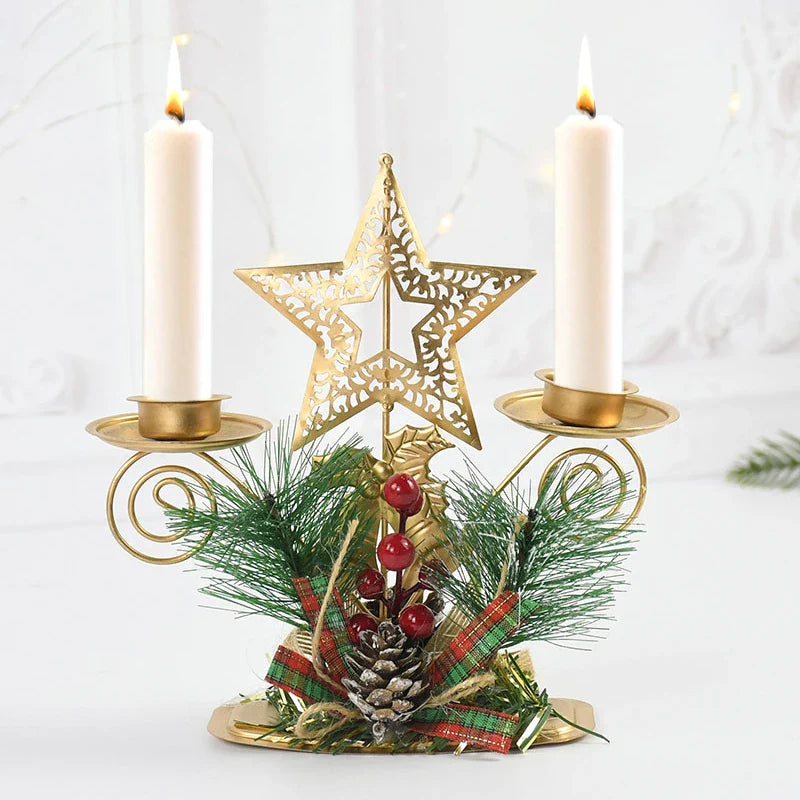 Castiçal de Vela em Ferro Dourado com Figurinos Decorativos Decoração de Natal - Loja Sem Barreiras