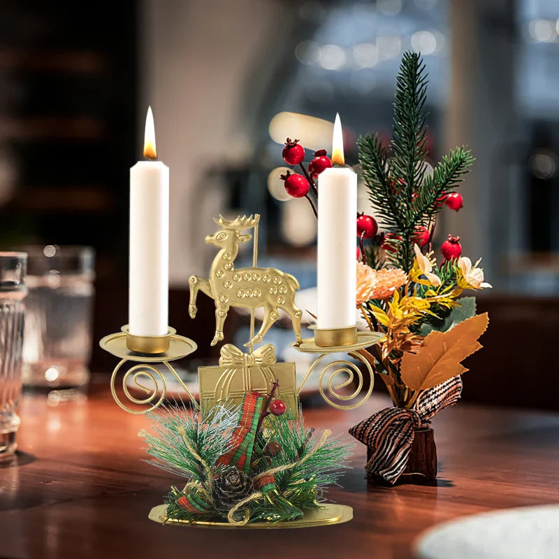 Castiçal de Vela em Ferro Dourado com Figurinos Decorativos Decoração de Natal - Loja Sem Barreiras