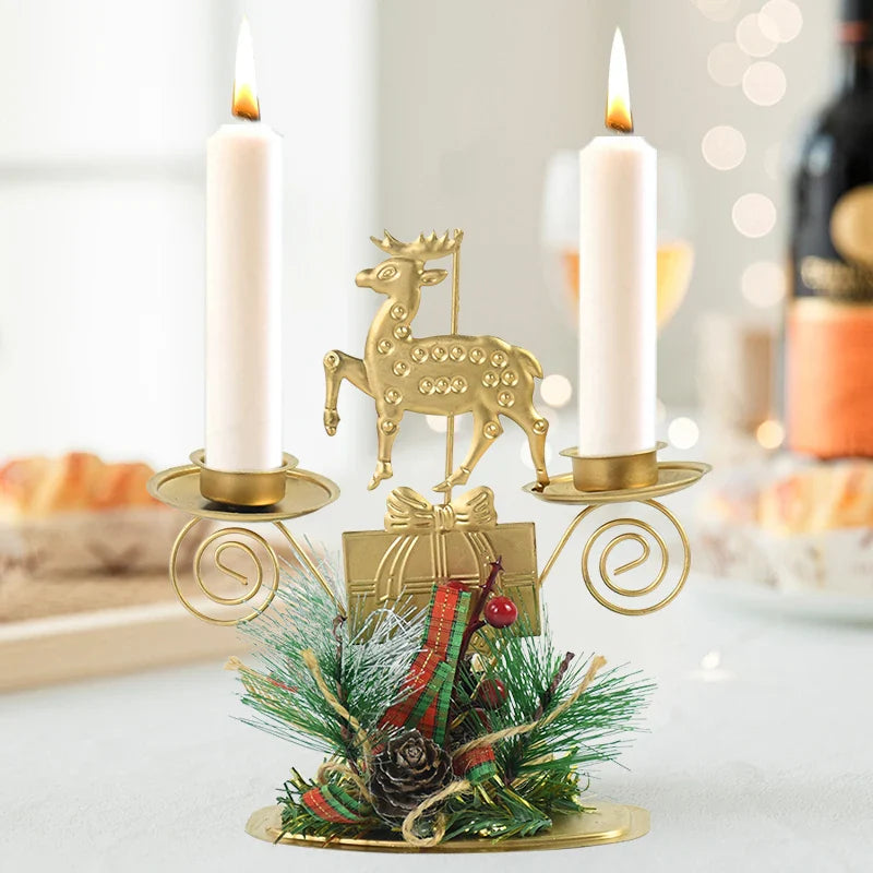Castiçal de Vela em Ferro Dourado com Figurinos Decorativos Decoração de Natal - Loja Sem Barreiras