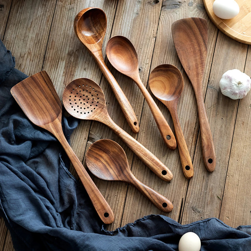 Kit Utensílios de Cozinha 7 Peças de Madeira - Loja Sem Barreiras