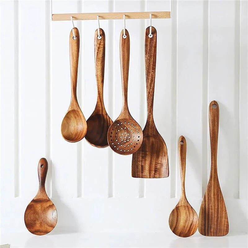 Kit Utensílios de Cozinha 7 Peças de Madeira - Loja Sem Barreiras