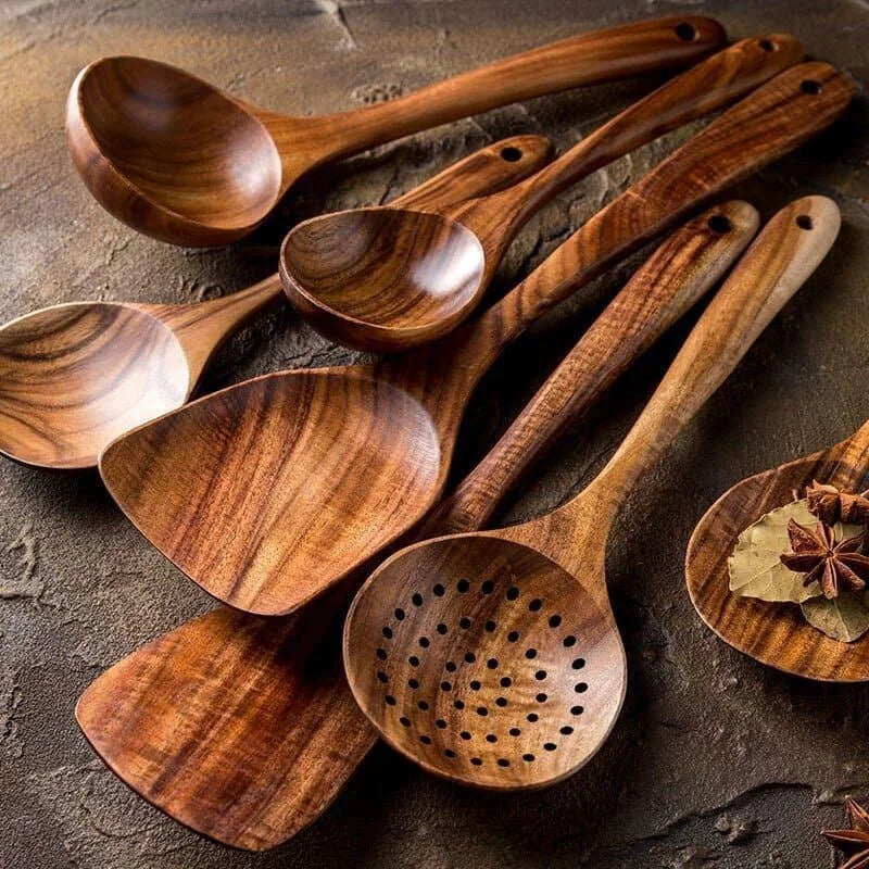 Kit Utensílios de Cozinha 7 Peças de Madeira - Loja Sem Barreiras
