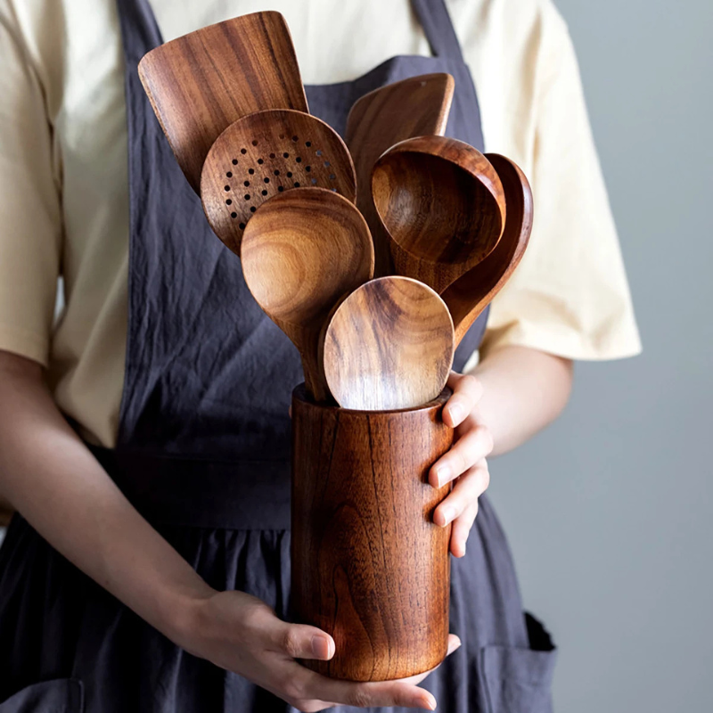Kit Utensílios de Cozinha 7 Peças de Madeira - Loja Sem Barreiras