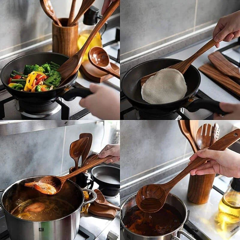 Kit Utensílios de Cozinha 7 Peças de Madeira - Loja Sem Barreiras