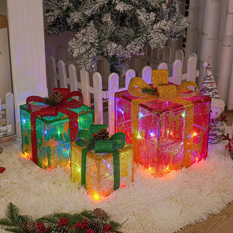 Caixa de Presente Iluminada com Laço Caixa de Presente Decoração Natalina