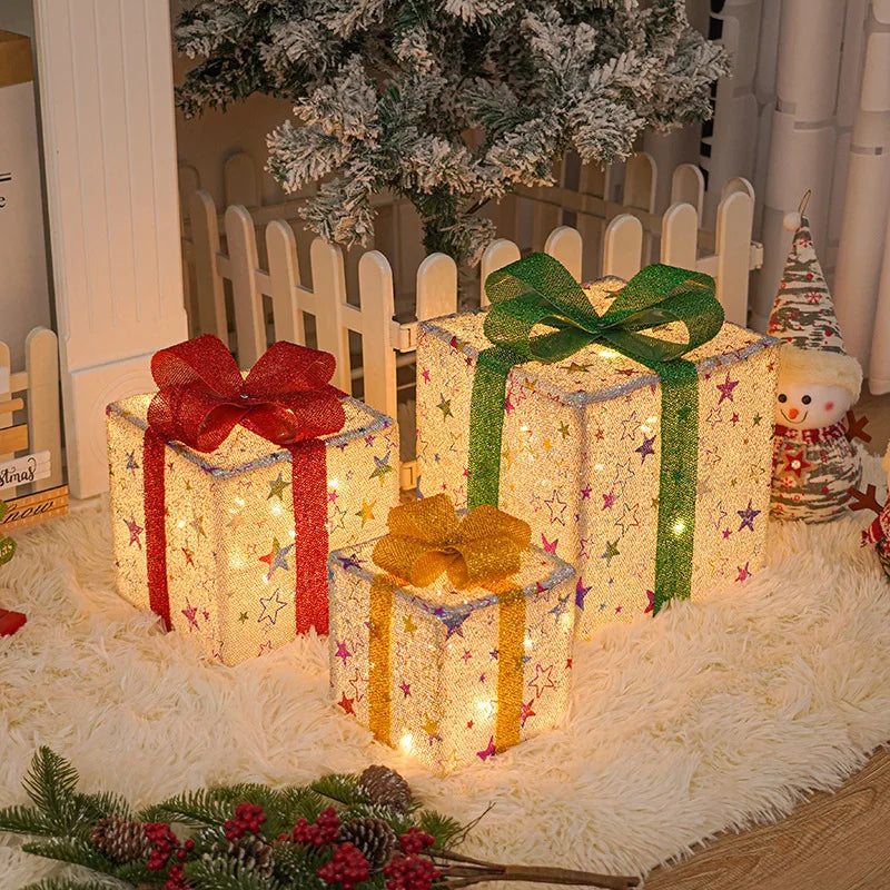 Caixa de Presente Iluminada com Laço Caixa de Presente Decoração Natalina