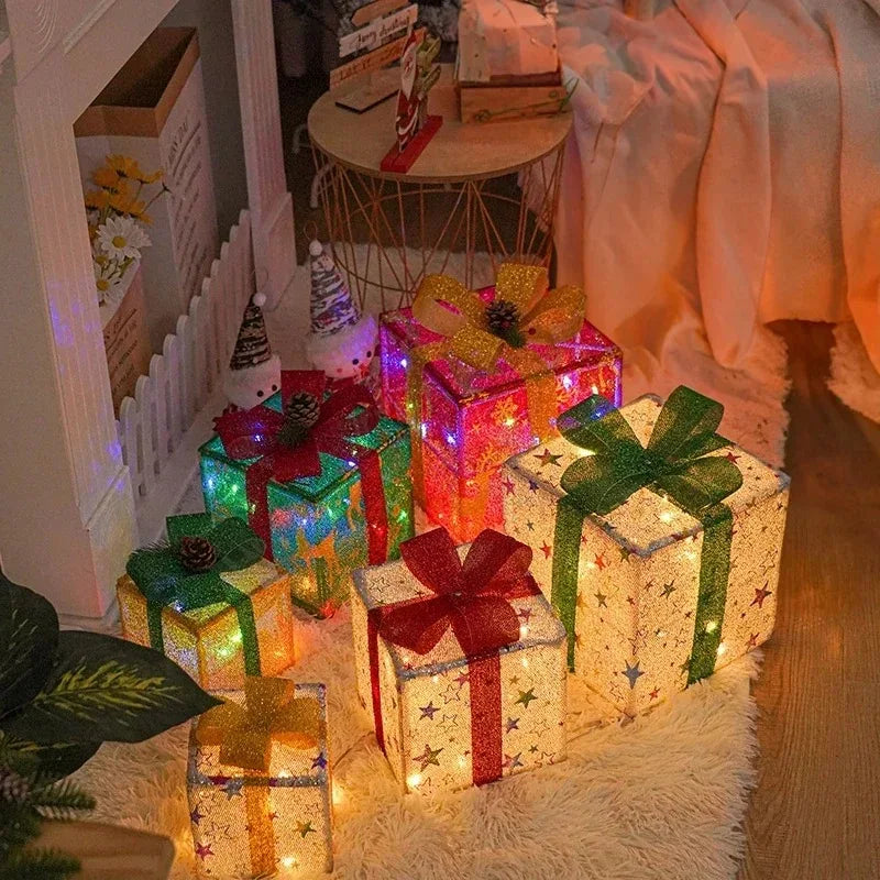 Caixa de Presente Iluminada com Laço Caixa de Presente Decoração Natalina