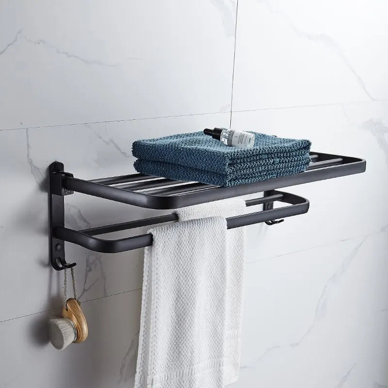 Foldable Wall-Mounted Towel Rack Black with Hook