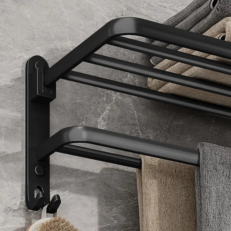Foldable Wall-Mounted Towel Rack Black with Hook
