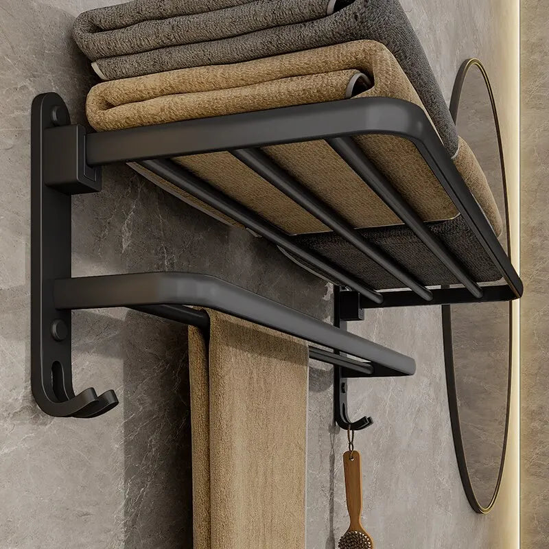 Foldable Wall-Mounted Towel Rack Black with Hook