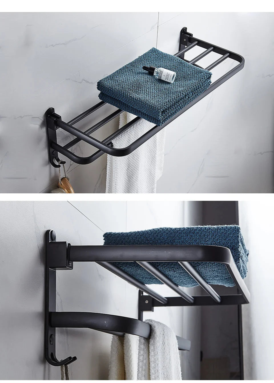 Foldable Wall-Mounted Towel Rack Black with Hook